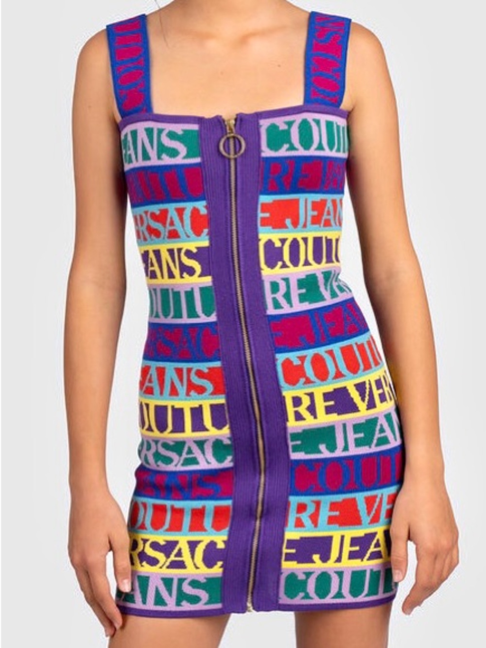 VERSACE Jeans Couture Bandage Knit Dress Striped Multicolor Bodycon Zip Front